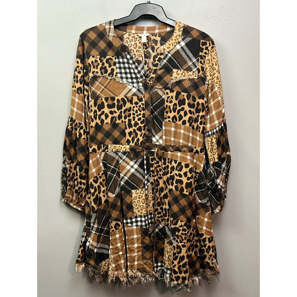 Cato Dress Womens L Brown Patchwork Animal Plaid Frayed Hem Rayon Mini